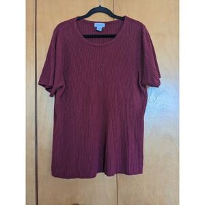 Avenue Womens Burgundy Ribbed Cable Knit Short‎ Sleeve Sweater Top Plus 22/24